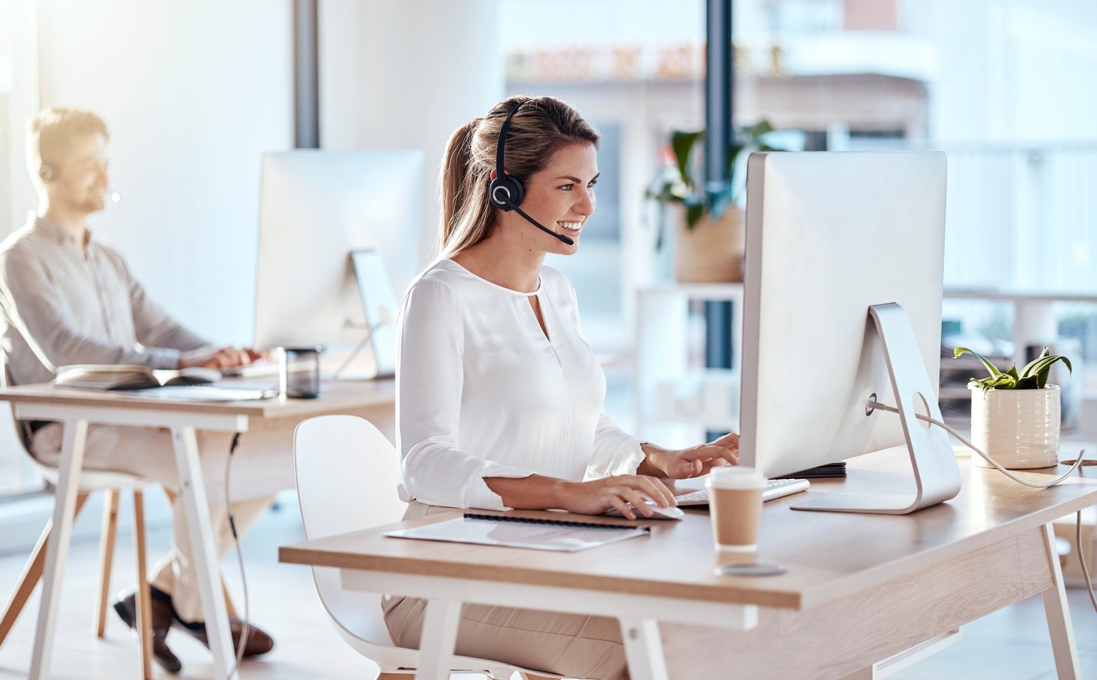 Call center, computer and consulting with woman in office for customer service, technical support a